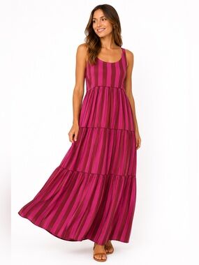 Cloth & Portrait Pink Stripe Tiered Maxi Dress | Boho Resort Coastal Chic